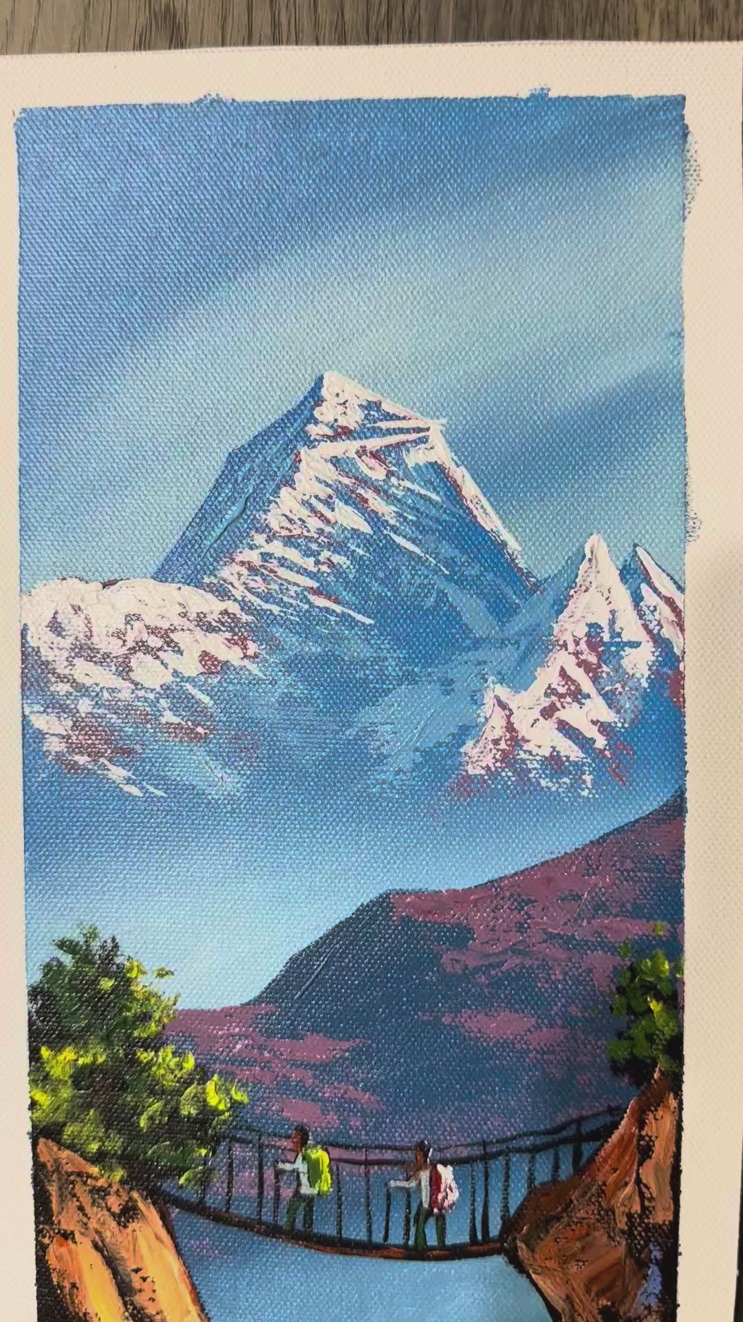 Suspension Bridge Trek – Mountain Landscape Painting