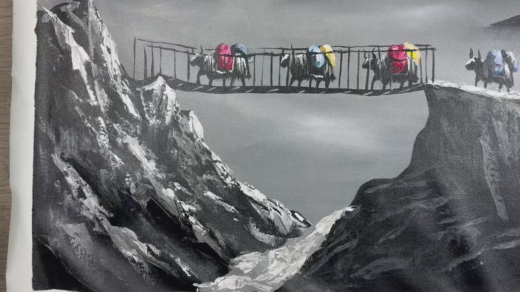 Everest Himalayan Painting: Yak Caravan, Monochrome Mountain Landscape, Acrylic on Canvas (24x47 in)