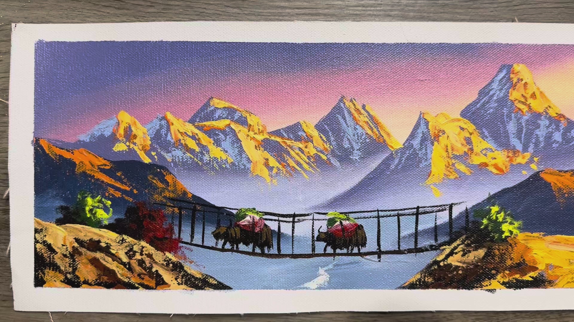Sunrise Over the Himalayas – Yak Caravan on Suspension Bridge Acrylic Canvas Painting