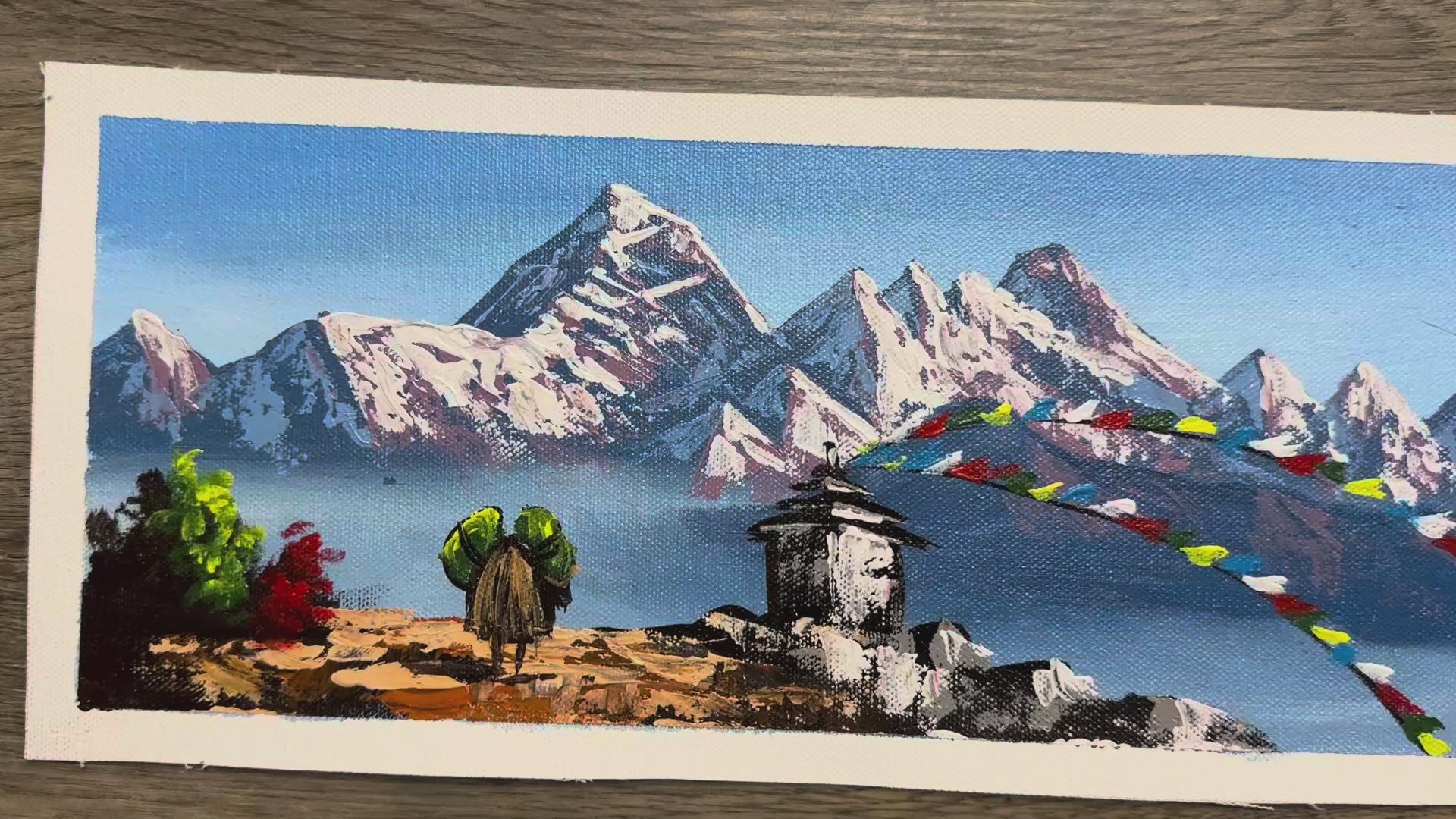 Mountain Stupa with Prayer Flags – Himalayan Landscape Painting