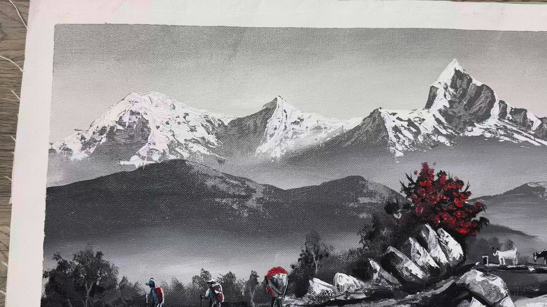 Monochrome Himalayan Village Path – Trekkers, Rhododendrons & Goats