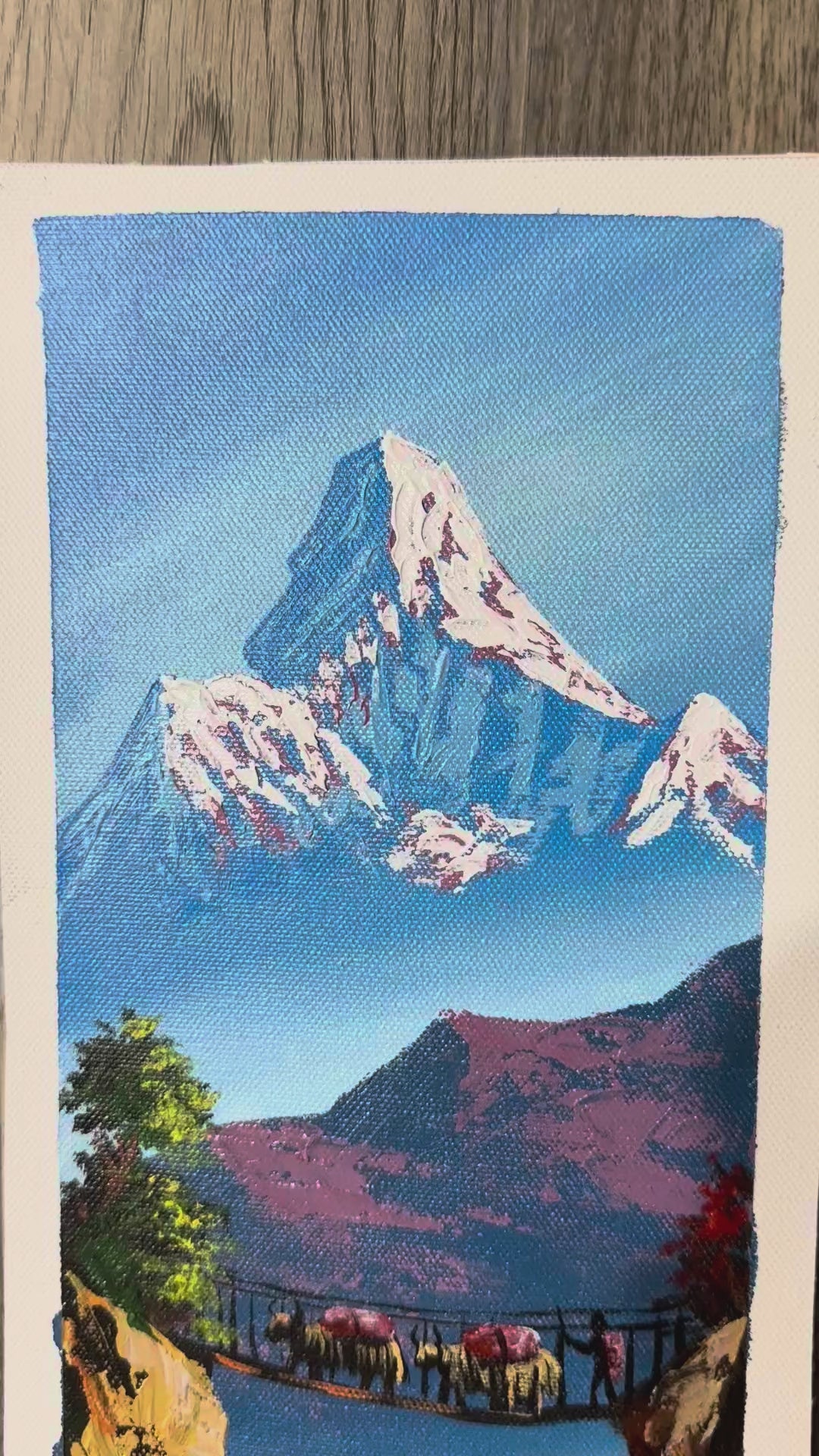 Vertical Himalayan Bridge – Acrylic Canvas Painting with Waterfall & Machhapuchhre