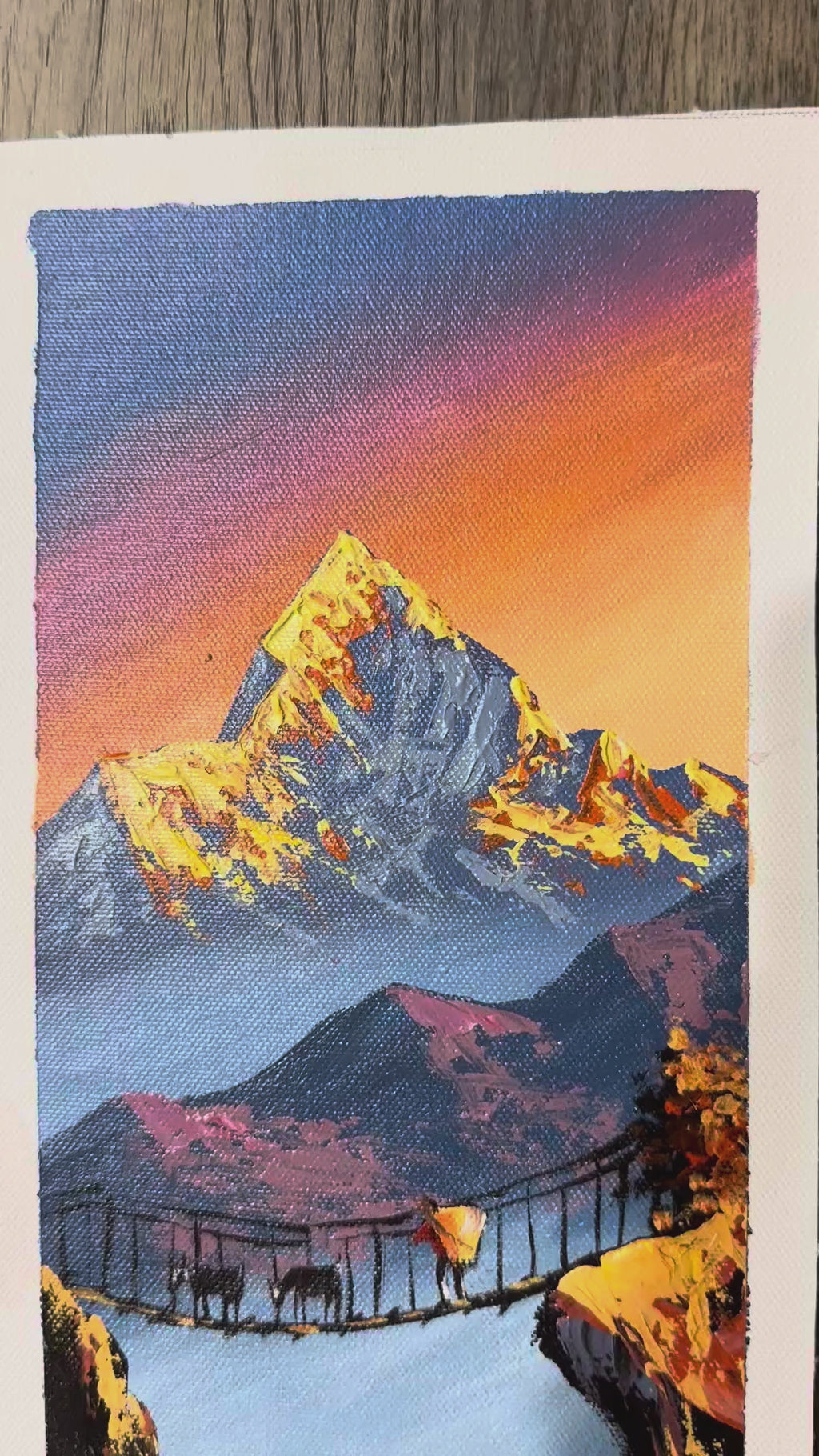 Golden Himalayan Peaks – Suspension Bridge and Waterfall Painting
