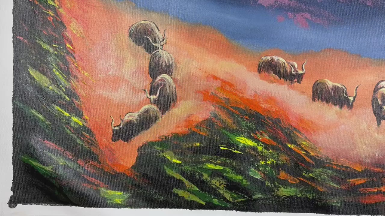 Himalayan Sunset Panorama – Ama Dablam & Yaks, Original Acrylic on Canvas