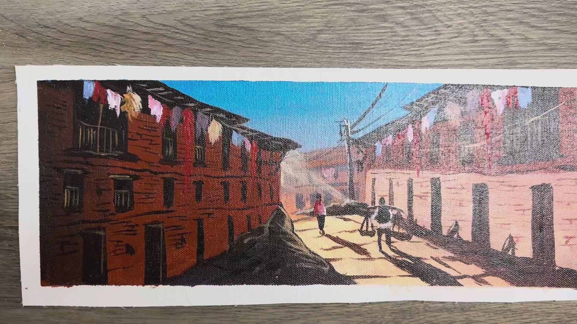 Kathmandu Alley Scene – Acrylic Canvas Painting of Newar Brick Houses & Daily Life