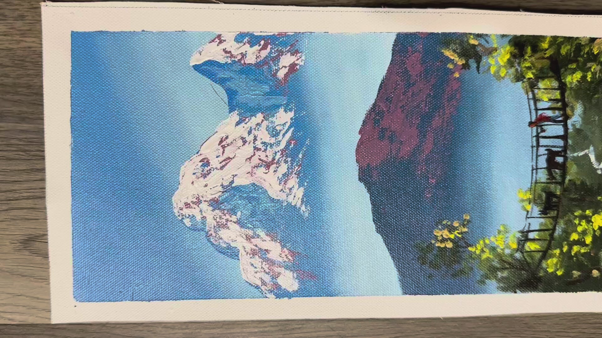 Vertical Himalayan Bridge – Acrylic Canvas Painting with Waterfall & Snowy Peaks