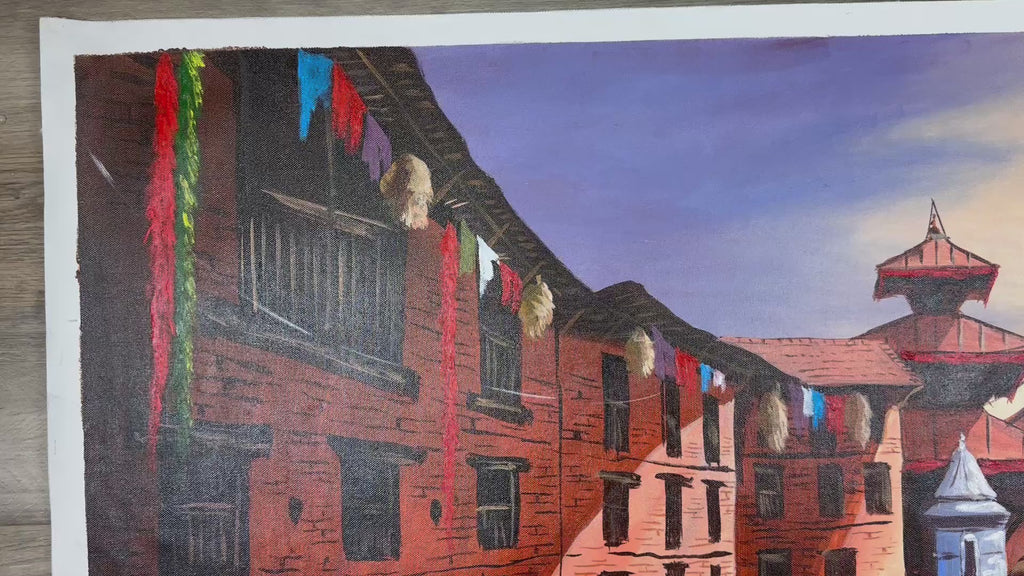 Kathmandu Heritage Street – Acrylic Canvas Painting of Newar Architecture & Pagoda Temple