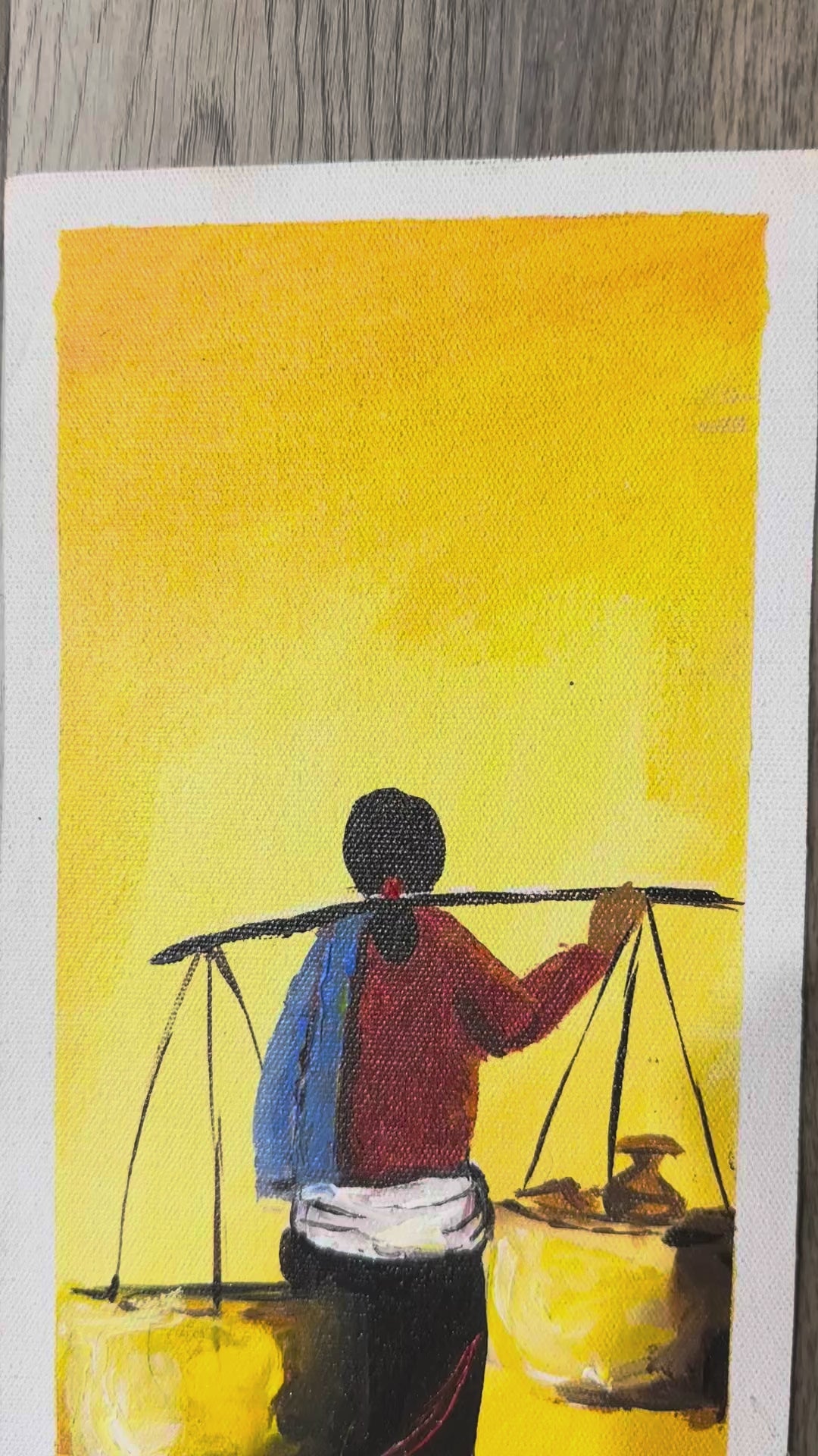 Village Life Silhouette – Acrylic Canvas Painting with Yellow Background